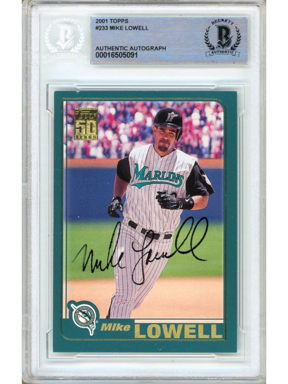 Mike Lowell Signed 2001 Topps #233 Florida Marlins Beckett BAS Slabbed Auto MLB
